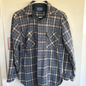 Vintage Pendleton Blue Brown and Cream 100% Wool Plaid Shirt